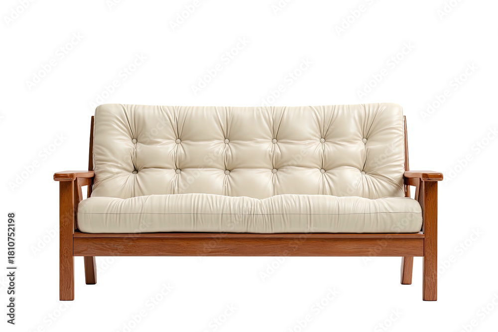 Fototapeta premium Cushioned beige sofa, wood frame, buttoned upholstery
