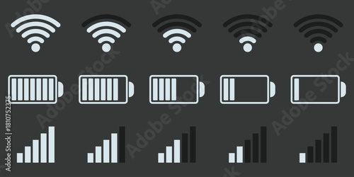 Phone bar status Icons, battery Icon, wifi signal strength. Set wifi icon isolated on white background for phone. Status bar icon. Status bar phone icon vector illustration.