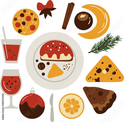 Delicious holiday dessert platter with red frosted cake, cookies, chocolate candies, and festive drinks on a white plate, isolated on transparent background.