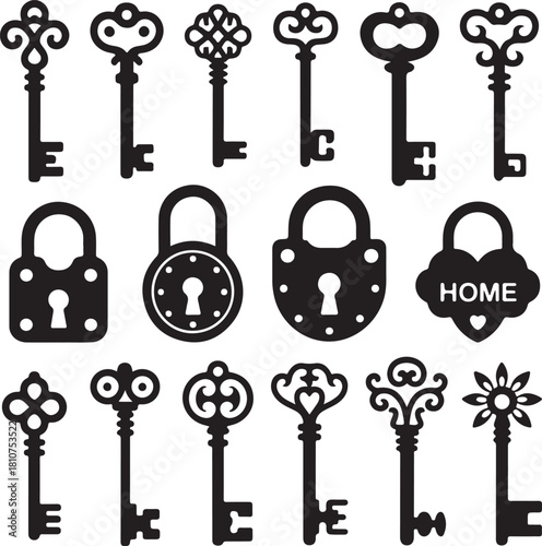 Set of Antique Keys and Locks for Vintage Illustrations, Security Concepts, and Historical or Ornamental Graphics