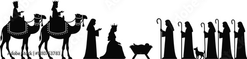 Christmas nativity scene silhouette with three wise men on camels, holy family, shepherds, and baby Jesus in manger, black vector illustration for holiday design