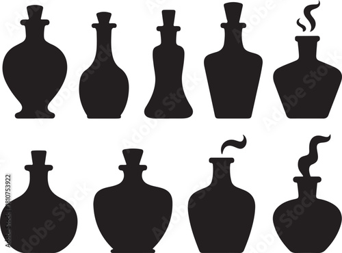 Collection of Various Bottle Silhouettes with Different Designs, Shapes and Styles Isolated on Transparent Background for Liquid Storage