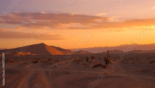 Fototapeta Naklejka Na Ścianę i Meble -  Desert landscape at golden hour with sand dunes and cactus plants