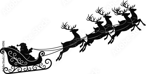Santa sleigh silhouette, flying reindeer, Christmas icon, festive scene, holiday magic, winter folklore, cad drawing flat vector illustration