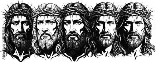 esus Christ face portrait set with crown of thorns, detailed black vector illustration for religious easter design, church projects, and christian faith art