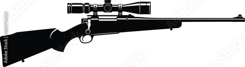 Scoped rifle silhouette, bolt-action firearm, hunting gear, precision weapon, tactical equipment, cad drawing flat vector illustration