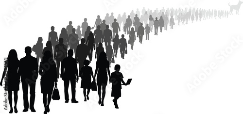 Walking crowd silhouette, human procession, journey scene, passage of time, depth perspective, cad drawing flat vector illustration