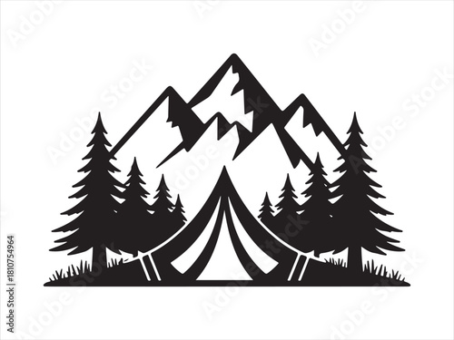 .Mountain Camping Silhouette with Tent, Pine Trees, and Scenic Peaks