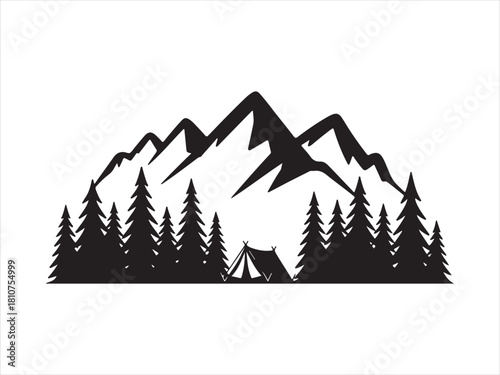 .Mountain Camping Silhouette with Tent, Pine Trees, and Scenic Peaks