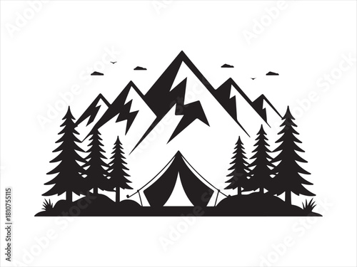 Mountain Camping Scene with Tent and Pine Trees Silhouette