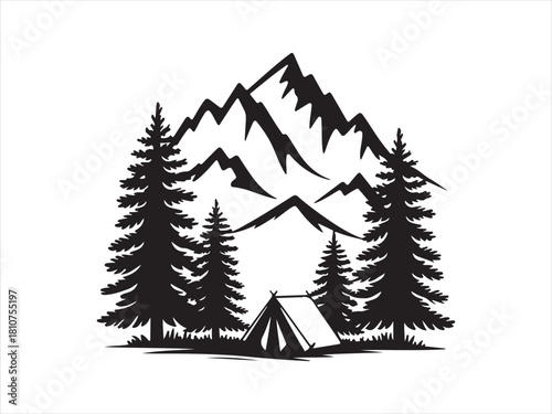 Mountain Camping Scene with Tent and Pine Trees Silhouette