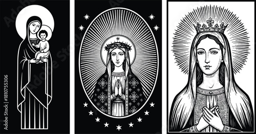 Virgin Mary vector illustration set, Madonna with child, and praying mother of god, black religious icons for catholic church, faith, and holy design