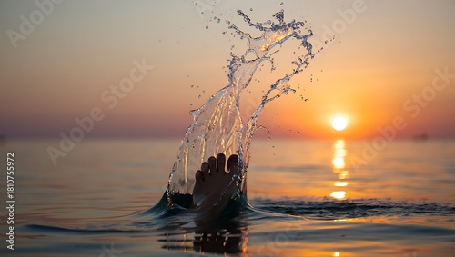 Fototapeta Naklejka Na Ścianę i Meble -  Foot splashing in the ocean at sunset creating water droplets and waves