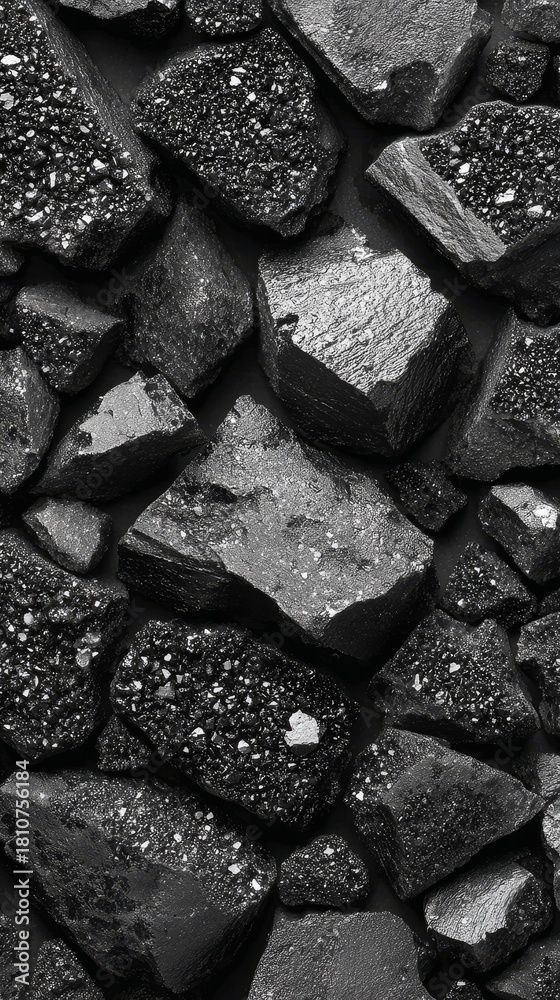 Fototapeta premium Rough black granule texture with irregular crystals and reflective surface, abstract crushed stone material, dark mineral background, ideal for industrial or design concepts