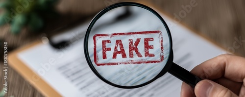 Close-up of a hand holding a magnifying glass over a document stamped with 'FAKE', concept for document verification, fraud detection and investigative journalism