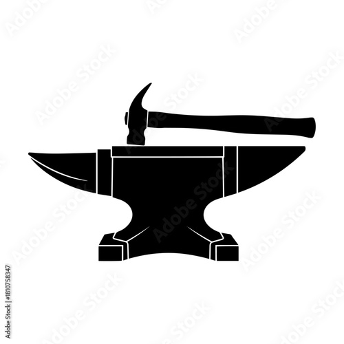 Blacksmiths Anvil and Hammer Silhouette on White Background.