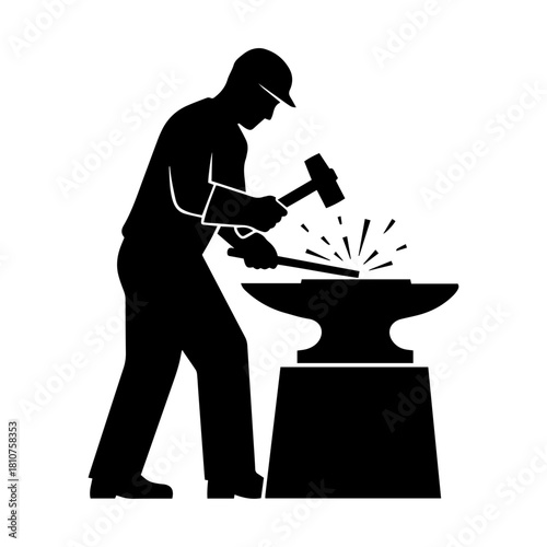 Blacksmith working with hammer and anvil creating sparks.