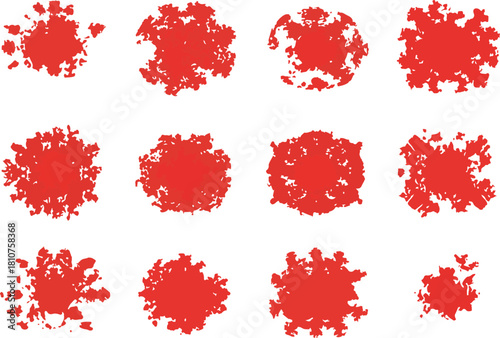 Twelve red blotches arranged in rows each irregular with jagged edges on a white background