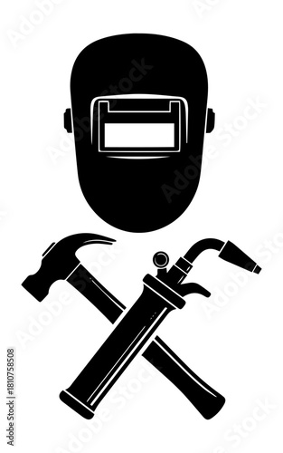 Welding mask with crossed hammer and torch tools in black and white.