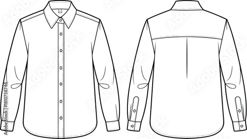 Classic long sleeve button down shirt technical fashion flat sketch front and back view, collar design template, clothing vector, cad drawing flat vector illustration