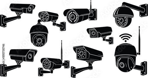 Modern Surveillance System, Wireless Dome, and Bullet Camera Icons Collection.
