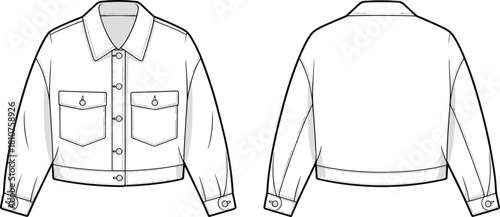Cropped denim style jacket flat technical sketch, front and back view, chest flap pockets, button placket, cuff tab detail, fashion CAD vector template
