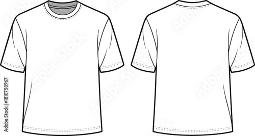 Classic crew neck t-shirt flat front and back, blank short sleeve apparel template, clean fashion technical sketch, sewing stitch detail, vector cad drawing illustration