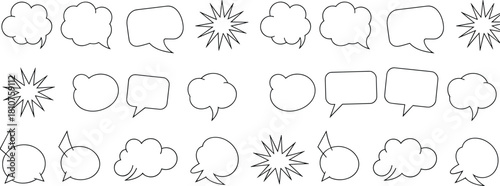 Comic speech bubble CAD mockup flat vector illustration, outline talk cloud shapes, pop art text boxes, cartoon dialogue graphic element design template set