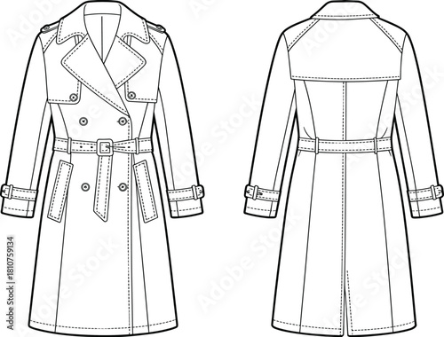Classic trench coat CAD fashion flat vector illustration, detailed technical drawing outerwear design, women’s coat template front and back view, professional garment sketch