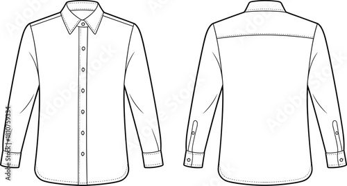 Classic men’s long sleeve shirt front and back flat sketch with collar, button placket and cuff details, vector fashion design template for apparel industry, cad drawing flat vector illustration