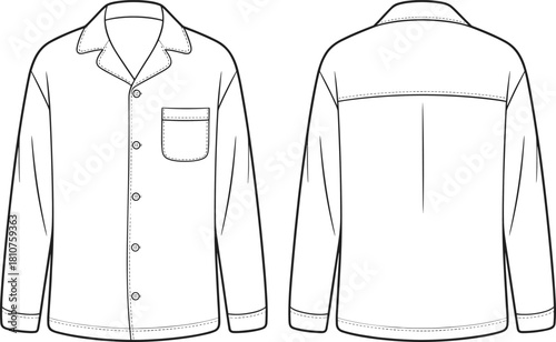 Classic men’s pajama shirt front and back technical flat sketch with notched collar, button closure and chest pocket, vector clothing design 