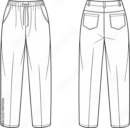 Casual pants front and back technical flat sketch, unisex drawstring trousers vector template with pockets and waistband, minimalist fashion design outline, cad drawing flat vector illustration
