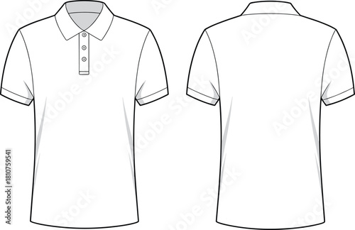 Classic polo shirt front and back flat sketch, short sleeve collar t-shirt technical drawing, men’s apparel design vector, minimal garment outline for fashion illustration template