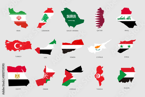 Middle East Countries Map Silhouettes with National Flags Collection Vector
