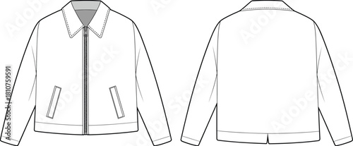 Classic zip-up jacket flat sketch front and back view, fashion cad drawing vector illustration, long sleeve casual outerwear design template for apparel technical garment presentation