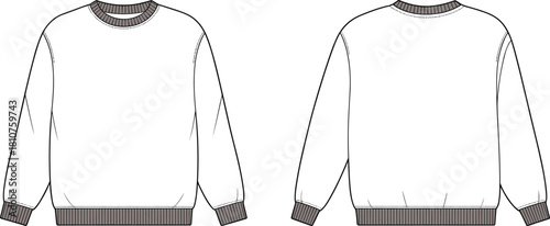 Crewneck sweatshirt flat sketch, technical fashion CAD drawing, front and back view, vector illustration for apparel design, garment template, unisex casual clothing mockup
