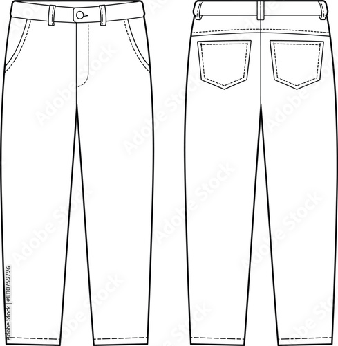 Classic jeans technical flat sketch, front and back view denim pants design, detailed cad drawing vector, apparel template for clothing fashion illustration
