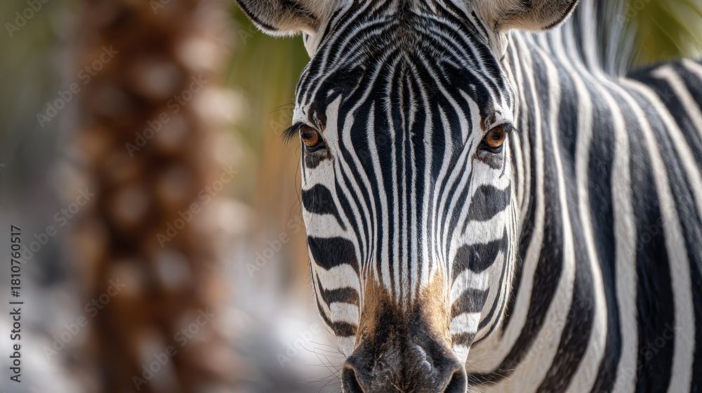Obraz premium Zebra with striking black and white stripes standing near tropical plants in a sunny environment