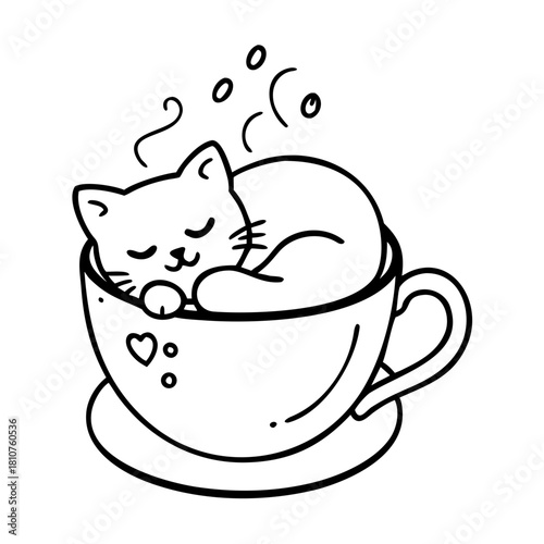 Adorable black and white line art illustration of a cute kitten peacefully sleeping curled up inside a steaming coffee cup conveying warmth and coziness
