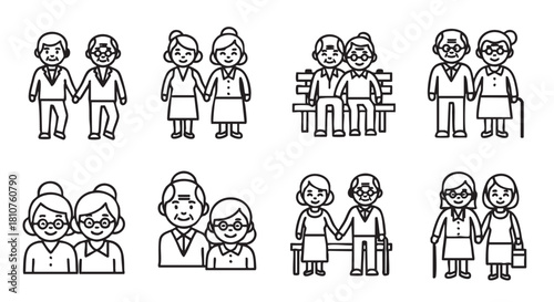 Senior couples holding hands in outline style vector illustration