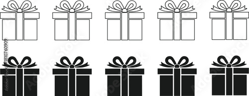 Gift Box Icon Set, Outline and Solid Black Silhouette, Present Box with Ribbon and Bow, Birthday, Christmas, Sale, and Holiday Vector Symbol Collection