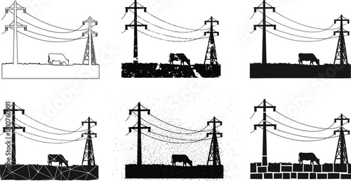 Cows grazing under high voltage power lines, rural landscape with transmission towers silhouette, agricultural field and electricity infrastructure illustration set