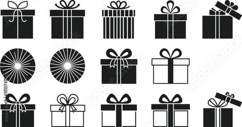 Gift box icons set, black present silhouettes, Christmas holiday packages, flat vector symbols, birthday surprise elements, isolated design collection.