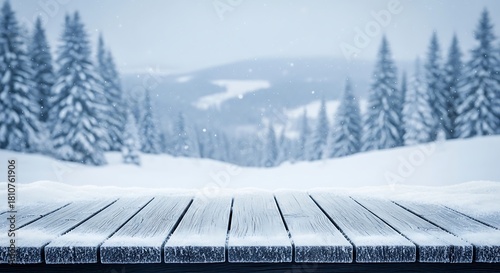 Empty wooden table covered in fresh snow. blurry winter forest background with frosted pine trees, snowy hills, and falling snowflakes, creating a serene holiday scene.