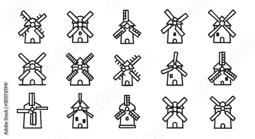 Set of windmill icons in outline style on white background
