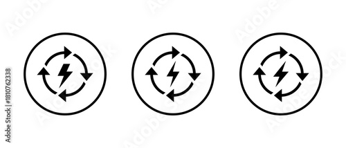 Energy recharge icon in circular outline. Power cycle symbol with lightning bolt