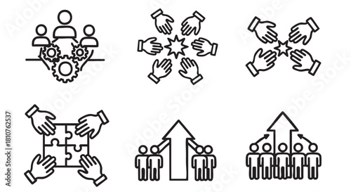 Teamwork collaboration and synergy concept black line icons on white background