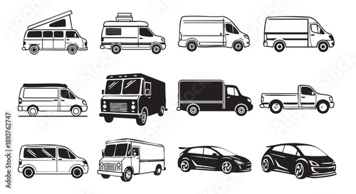 Variety of Commercial Vehicles Including Vans and Delivery Trucks Outline Style
