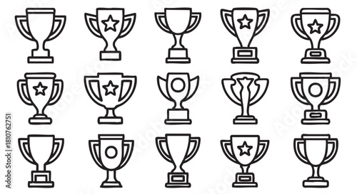 Variety of simple line art trophies on a white background illustration