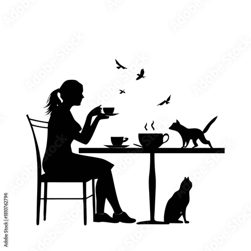 Minimalist black silhouette illustration of woman drinking coffee at a table with cat and birds, peaceful morning cafe scene, relaxing lifestyle concept, simple white background design

